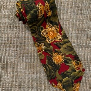 Vintage Hugo Boss Silk Tie Red Olive Floral Flower Made in Italy